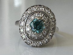 Estate Natural Blue Zircon and Diamond Double Halo Cocktail Ring