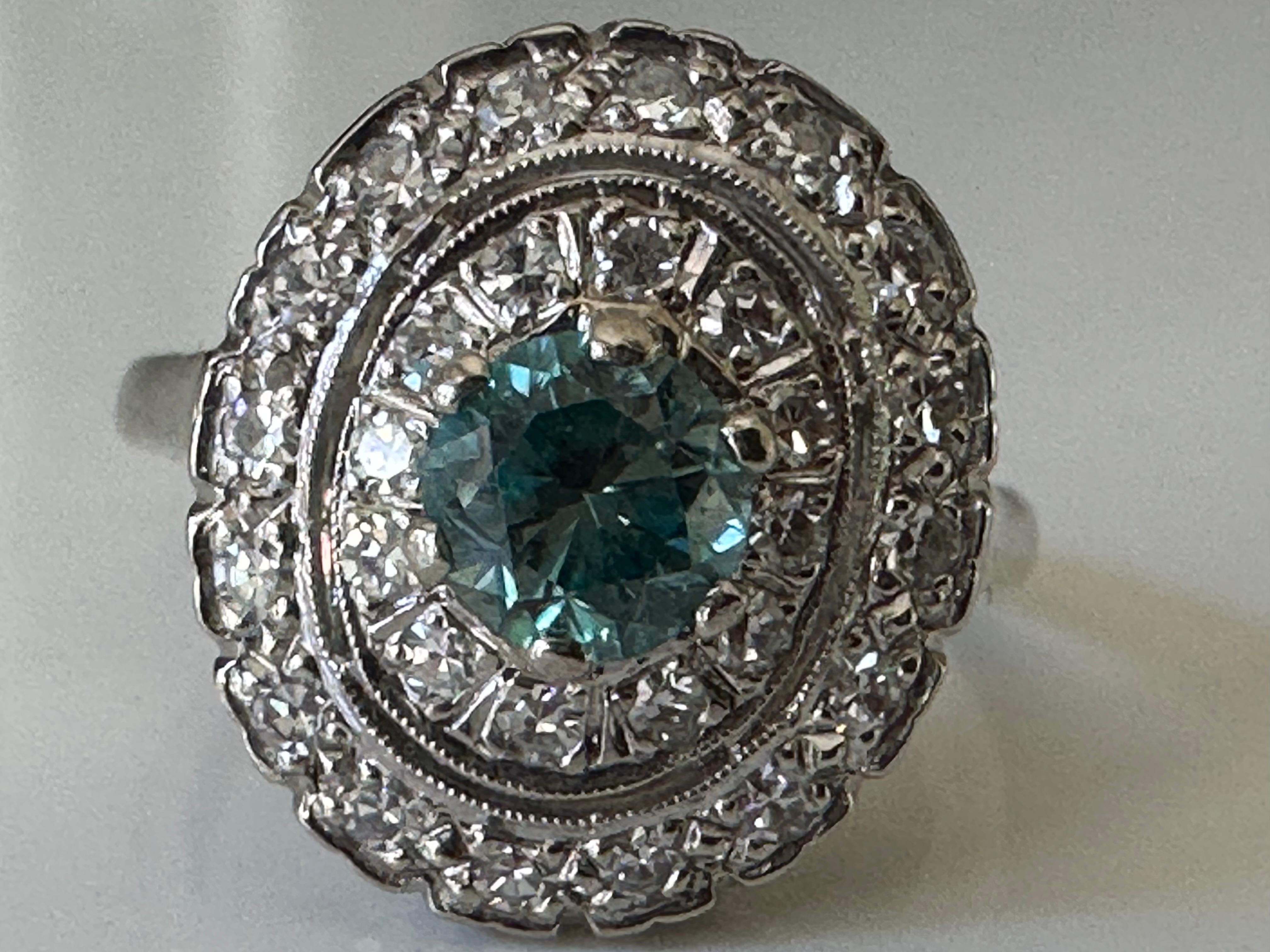 Estate Natural Blue Zircon and Diamond Double Halo Cocktail Ring  In Good Condition For Sale In Denver, CO