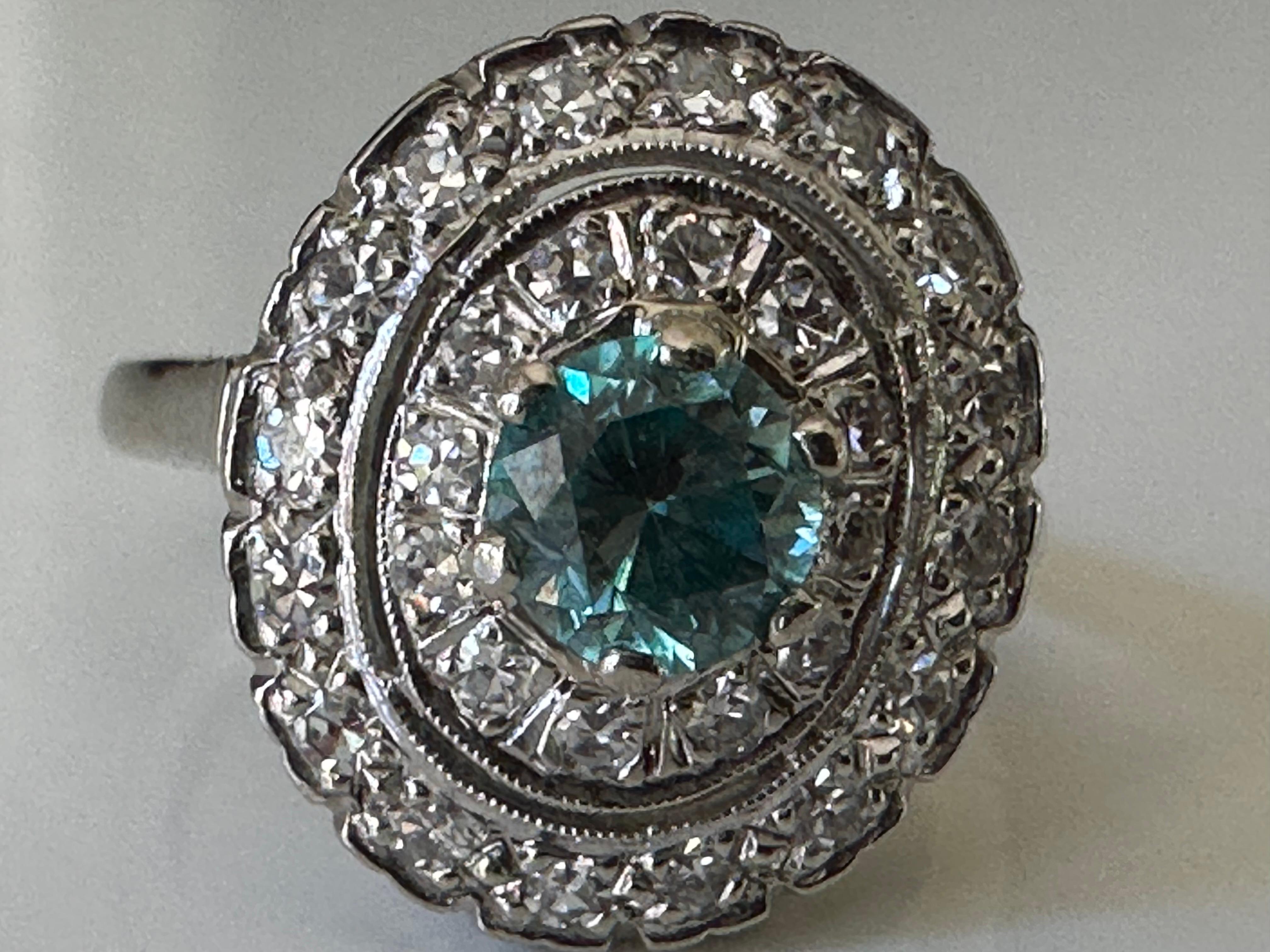 Women's Estate Natural Blue Zircon and Diamond Double Halo Cocktail Ring  For Sale