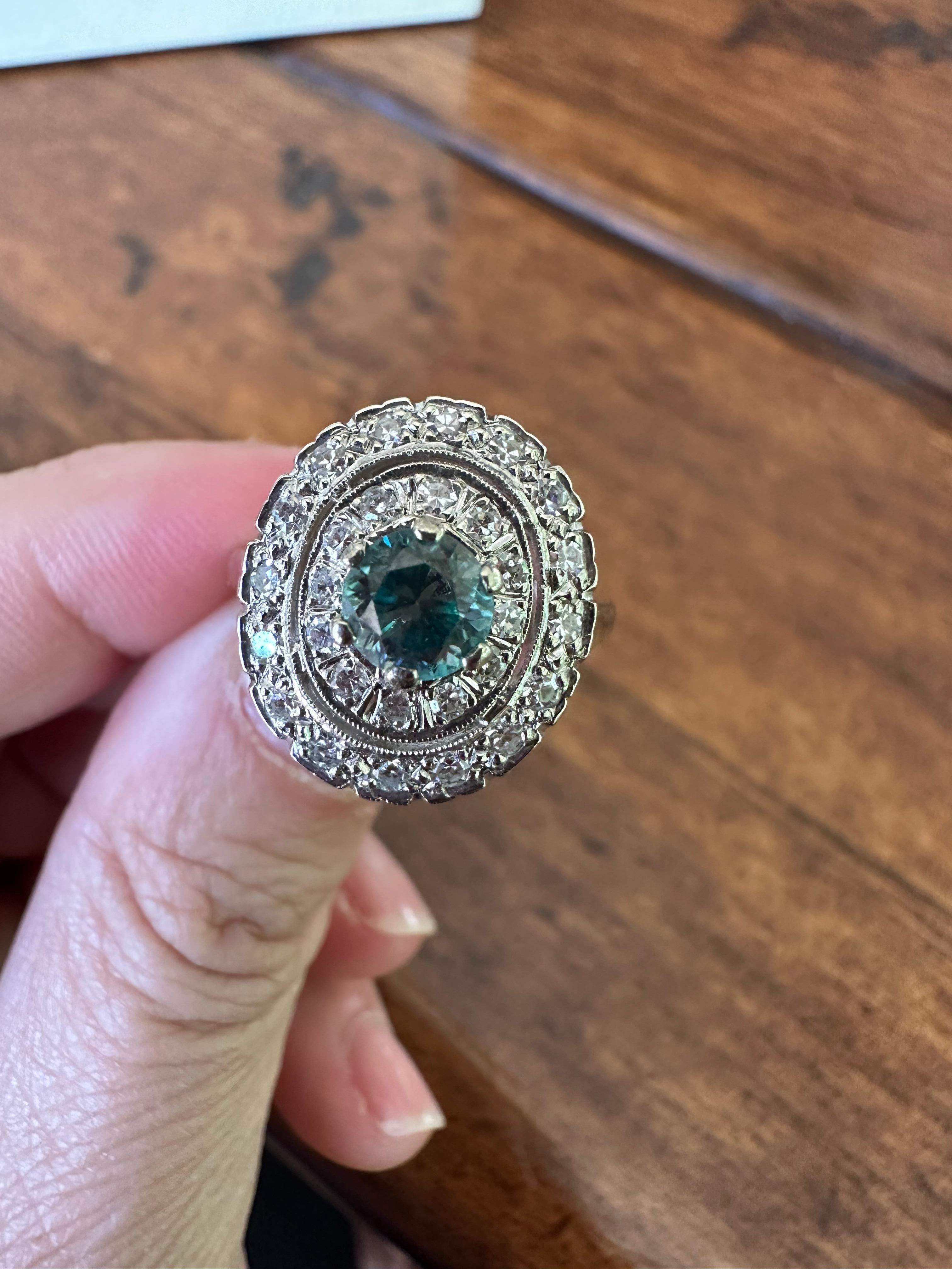 Estate Natural Blue Zircon and Diamond Double Halo Cocktail Ring  For Sale 1