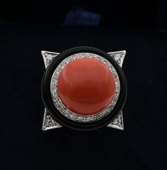 Estate Natural Coral Black Onyx Diamond Unique Dinner Ring