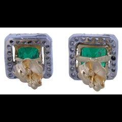 Estate Natural Emerald and Diamond Earrings in 18K White & Yellow Gold