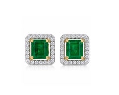 Estate Natural Emerald and Diamond Earrings in 18K White & Yellow Gold