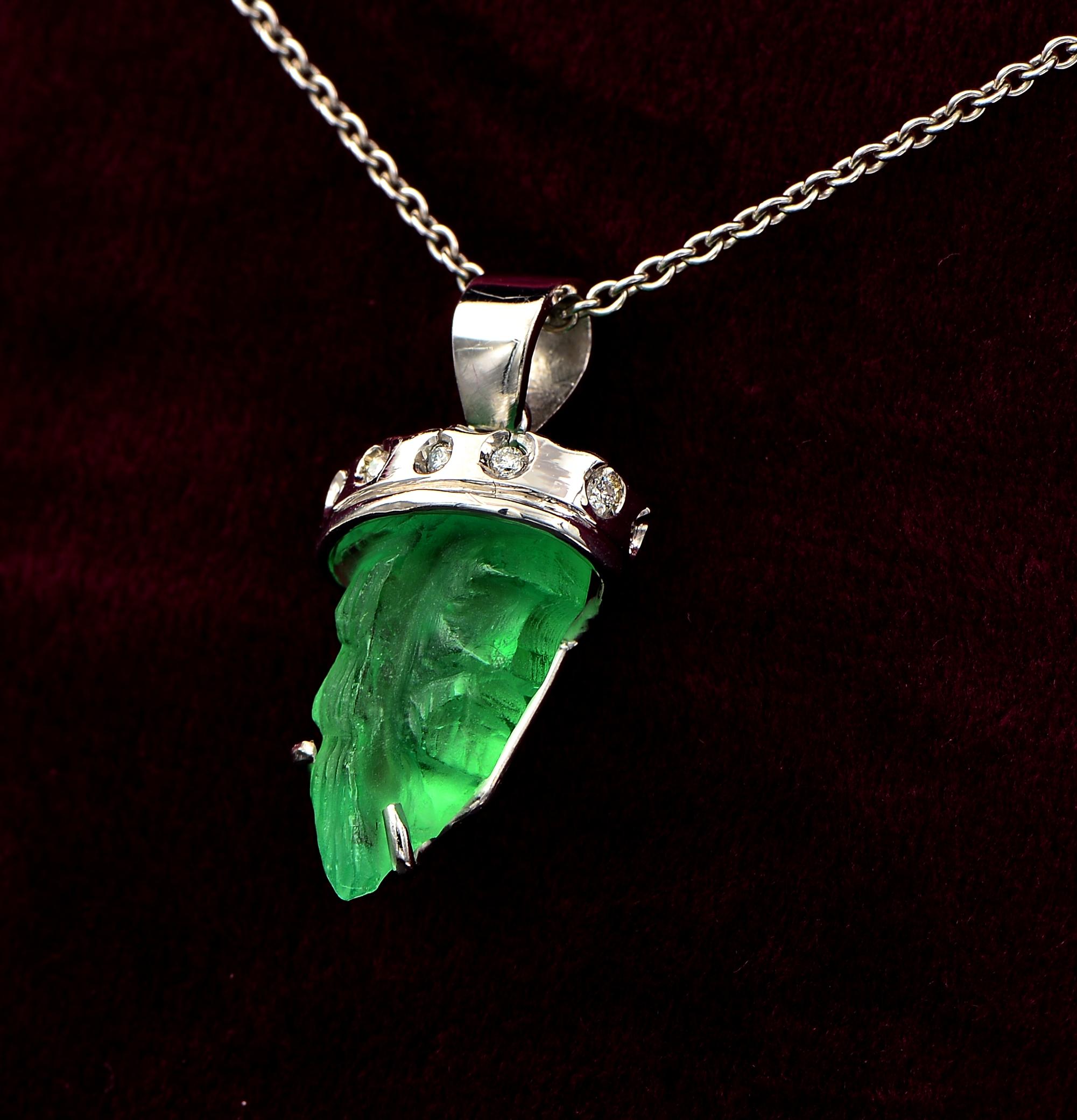 Rare and Unusual
This beautiful vintage pendant is 1960 ca – featuring crowned Jesus hand sculptured from a natural Emerald, with crown made of solid 18 KT white gold highlight by Diamond accent
Rare and unusual, skilful carved with an impressive