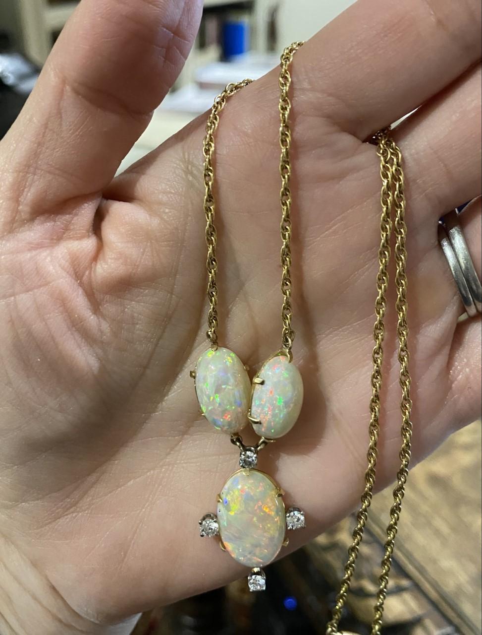 Estate Natural Fine Australian Opal and Diamond Pendant Necklace In Good Condition For Sale In Denver, CO