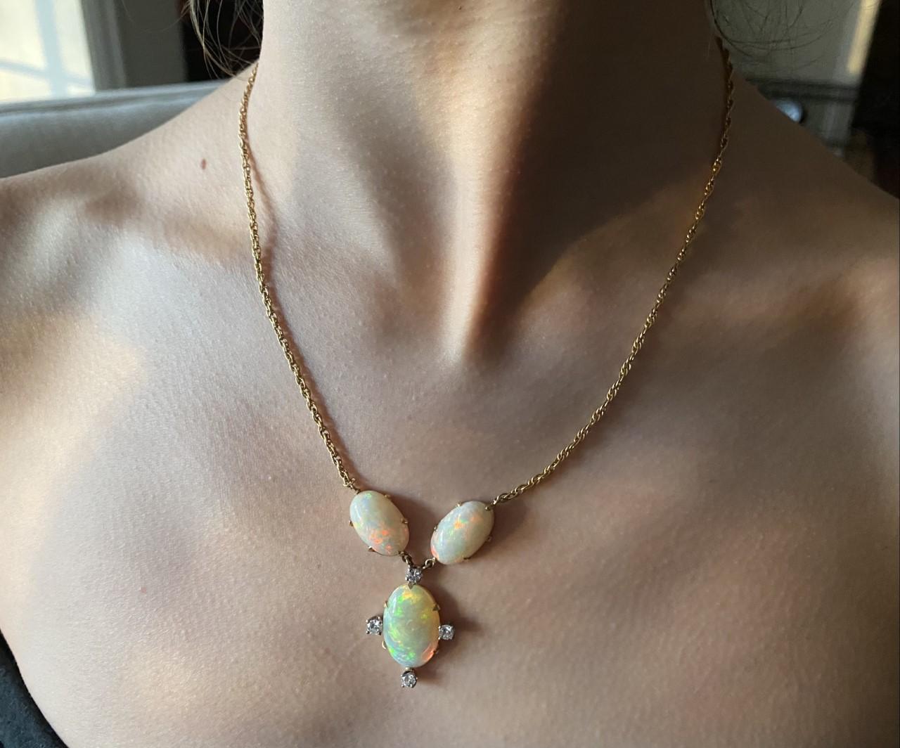 Women's Estate Natural Fine Australian Opal and Diamond Pendant Necklace For Sale