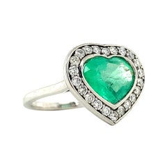 Estate Natural Green Emerald Heart-Cut Gemstone & Diamond 18K White Gold Ring