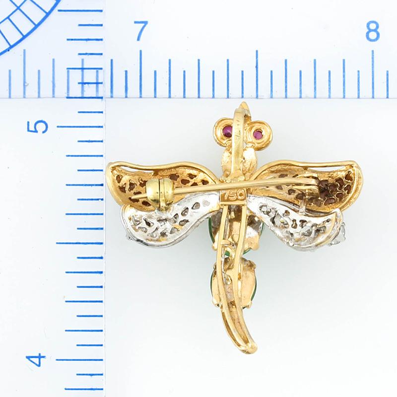 This gorgeous, and well-made, one-of-a-kind Estate 18K yellow gold Pin can also be worn as a pendant. Two natural jadeite jade oval cabochons (approx. 6x8mm, & 5x7mm) make up the body of the dragonfly. The wings are abalone & diamonds and this