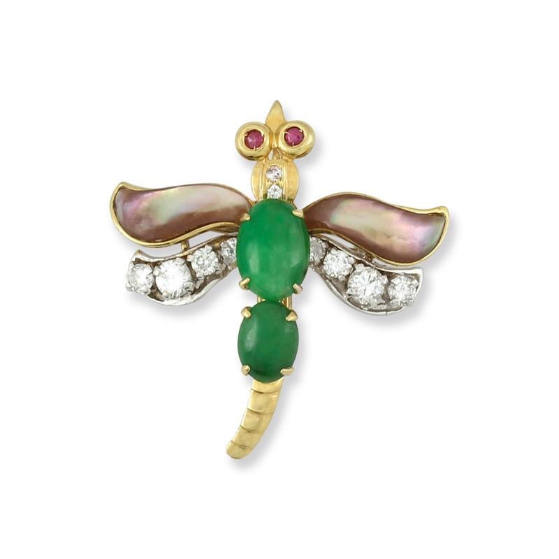 Cabochon Estate Natural Green Jadeite Jade Dragonfly Pin/Pendant For Sale
