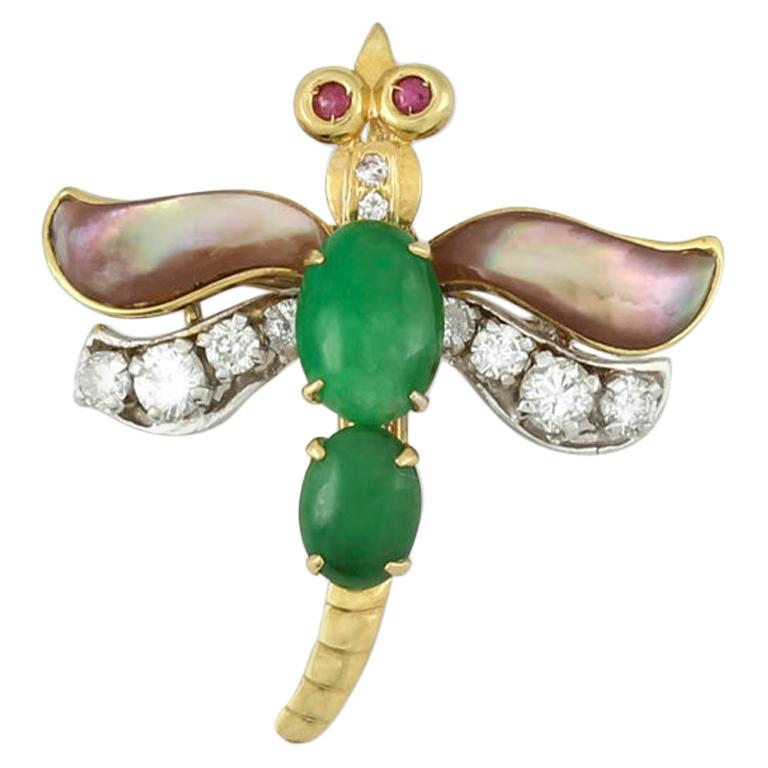 Estate Natural Green Jadeite Jade Dragonfly Pin/Pendant For Sale