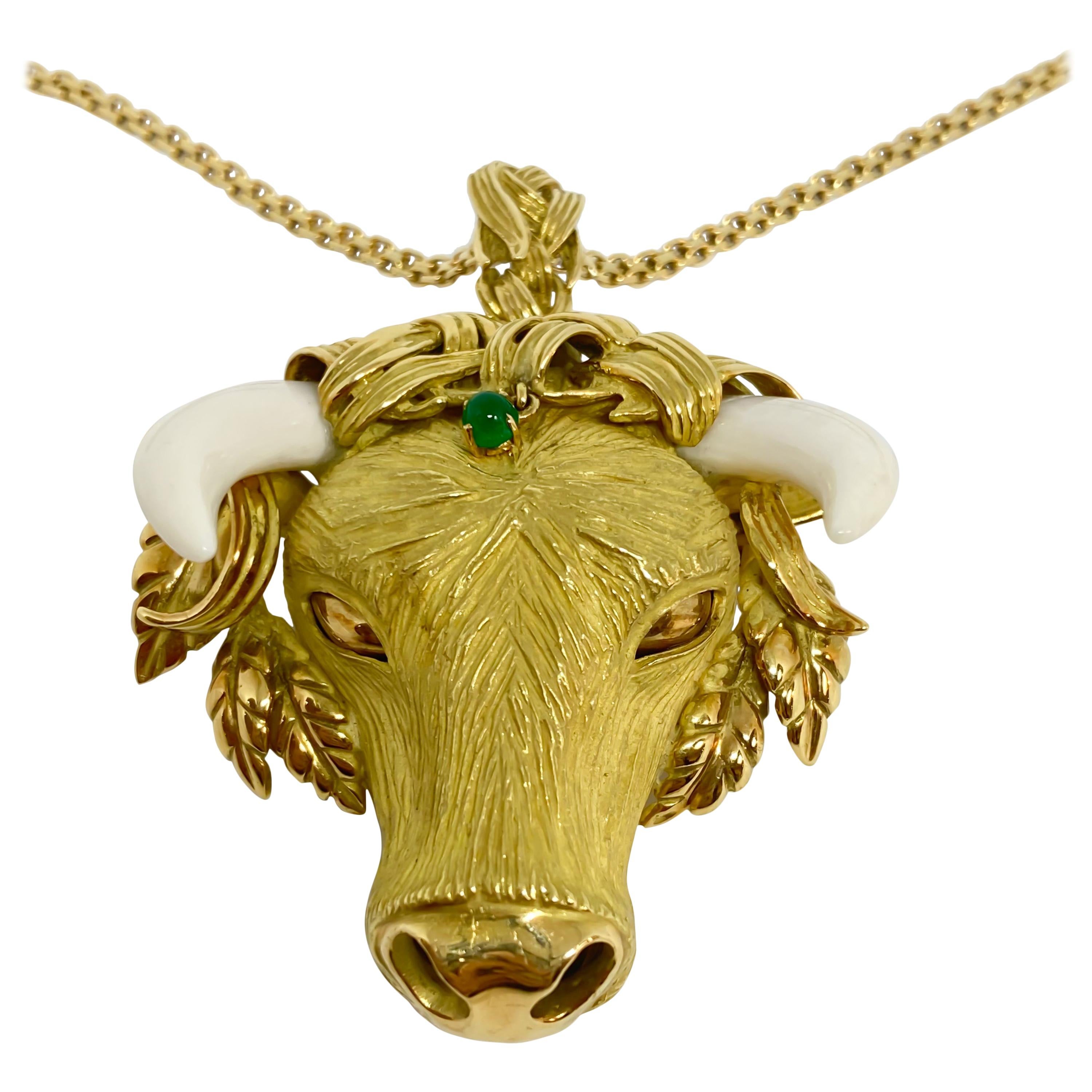 Estate Natural Ivory and Emerald Bull Pendant Brooch 18 Karat Yellow Gold