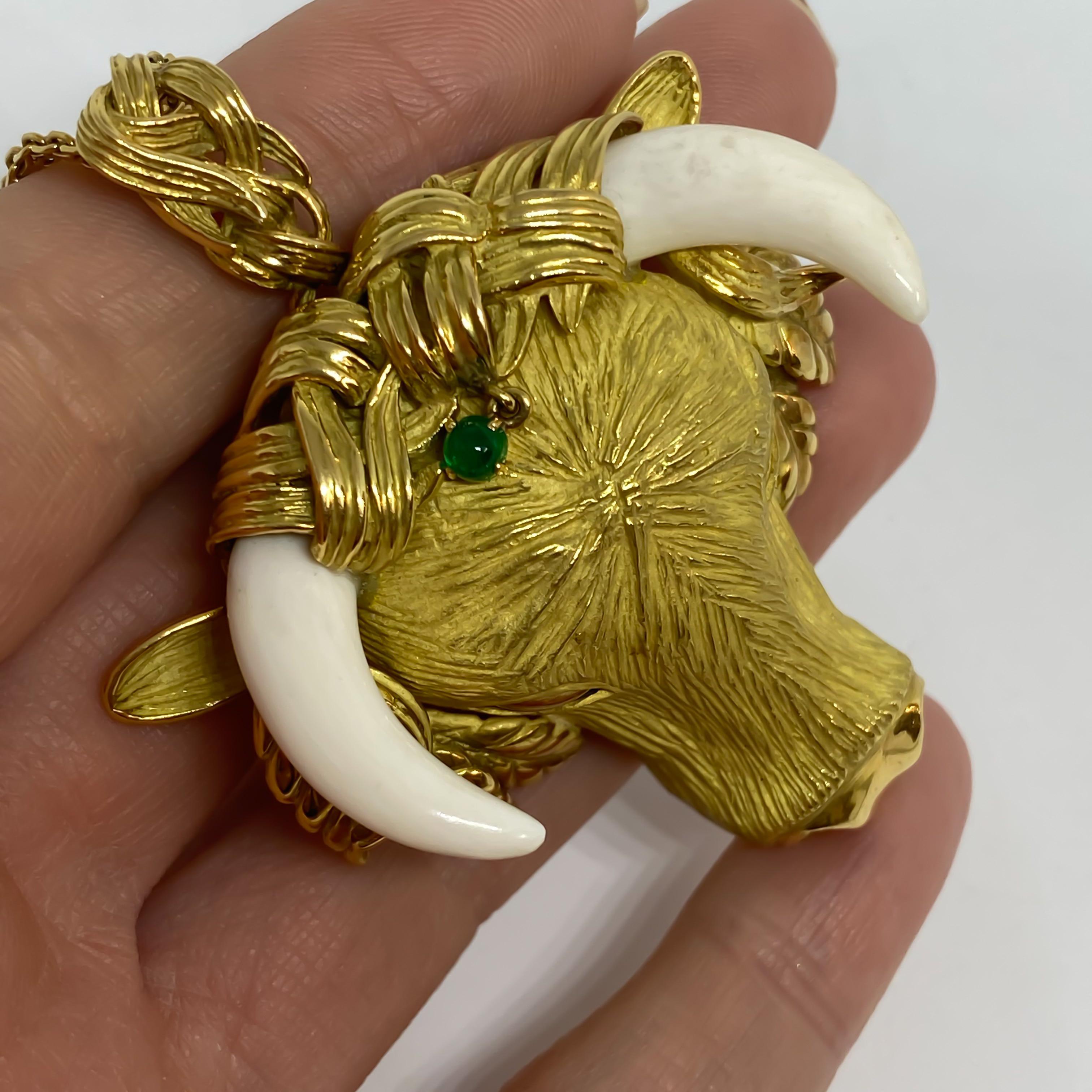 Women's or Men's Estate Natural Ivory and Emerald Bull Pendant Brooch 18 Karat Yellow Gold