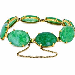 Estate Natural Jade Cabochon Bracelet in 18K Yellow Gold, 48 Carats Total