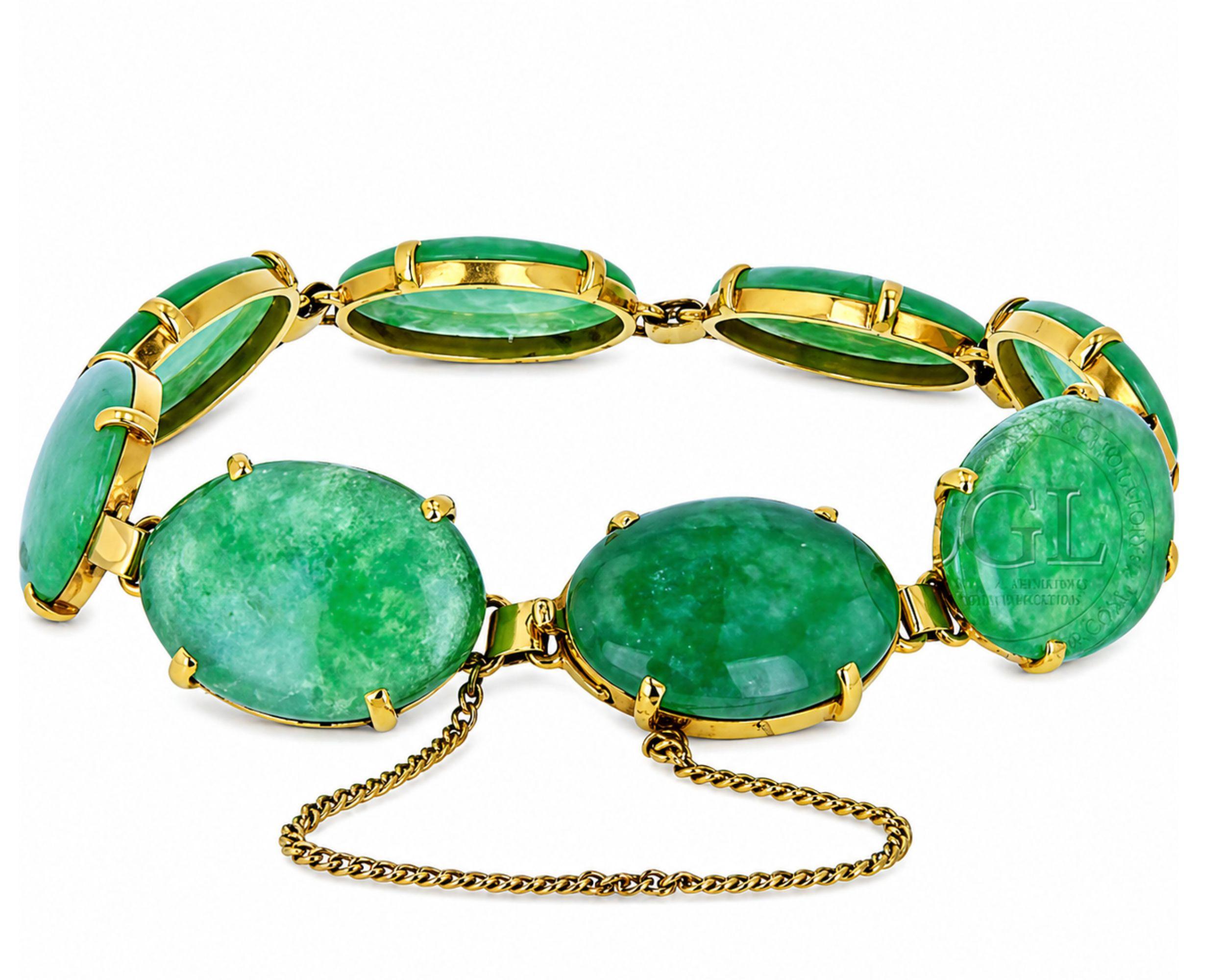 Bracciale con cabochon di giada naturale di proprietà in oro giallo 18 carati, 48 carati totali