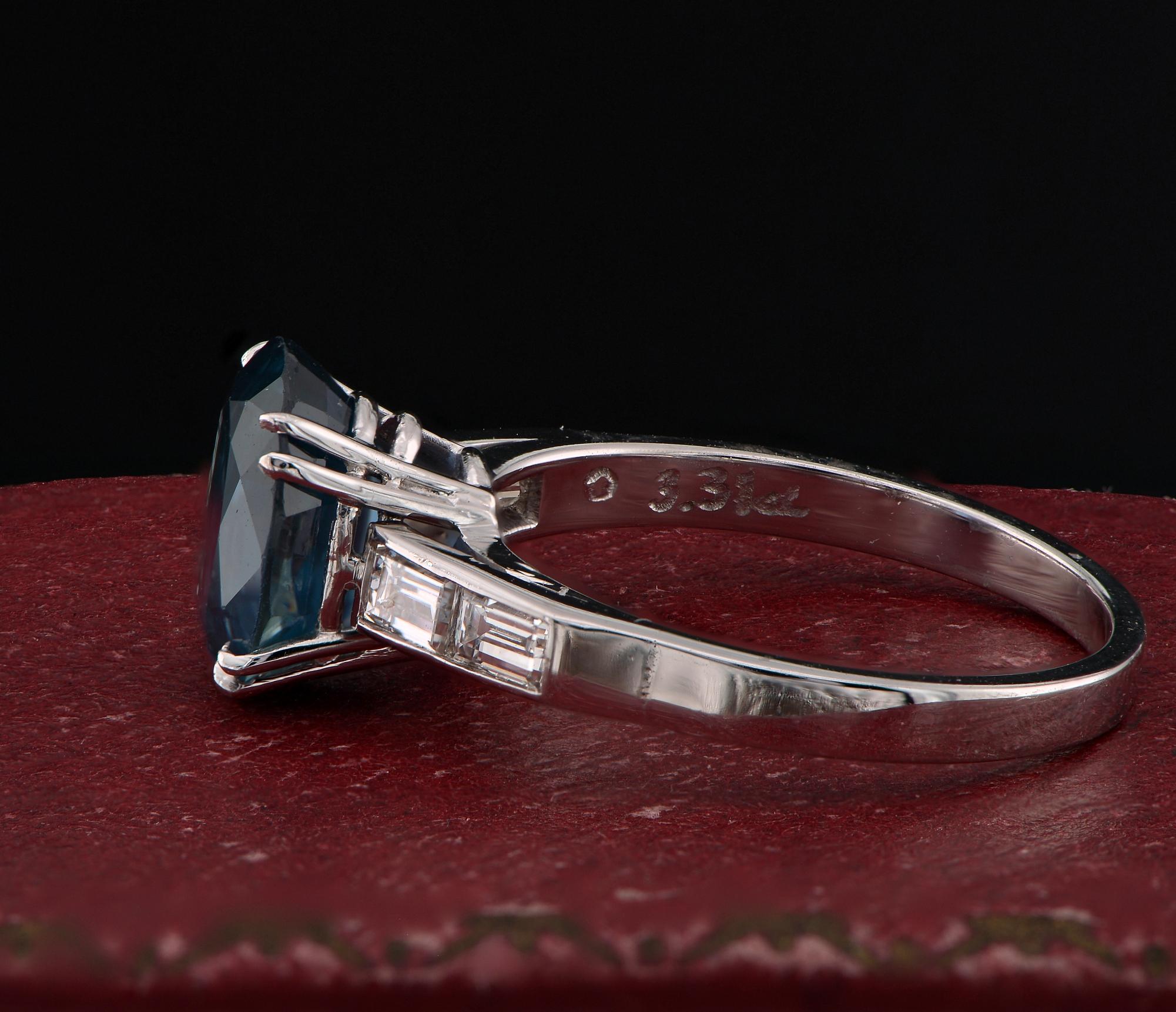 Estate Natural No Heat 3.31 Ct Blue Sapphire Diamond Engagement Solitaire Ring For Sale 2