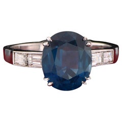 Bague de fiançailles solitaire en diamants et saphir bleu naturel non chauffé de 3,31 carats, ancienne propriété