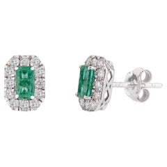 Estate Natural Octagon Emerald & Diamond Halo Stud Earrings in 14K White Gold
