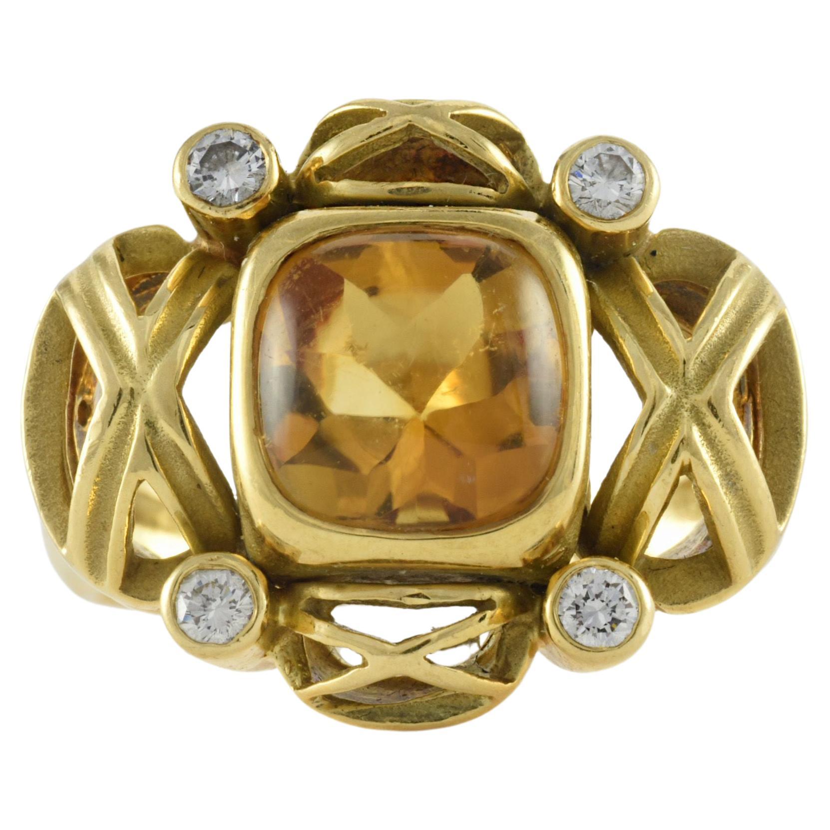 Estate Natural Orange Citrine Cabochon and Diamond Ring For Sale