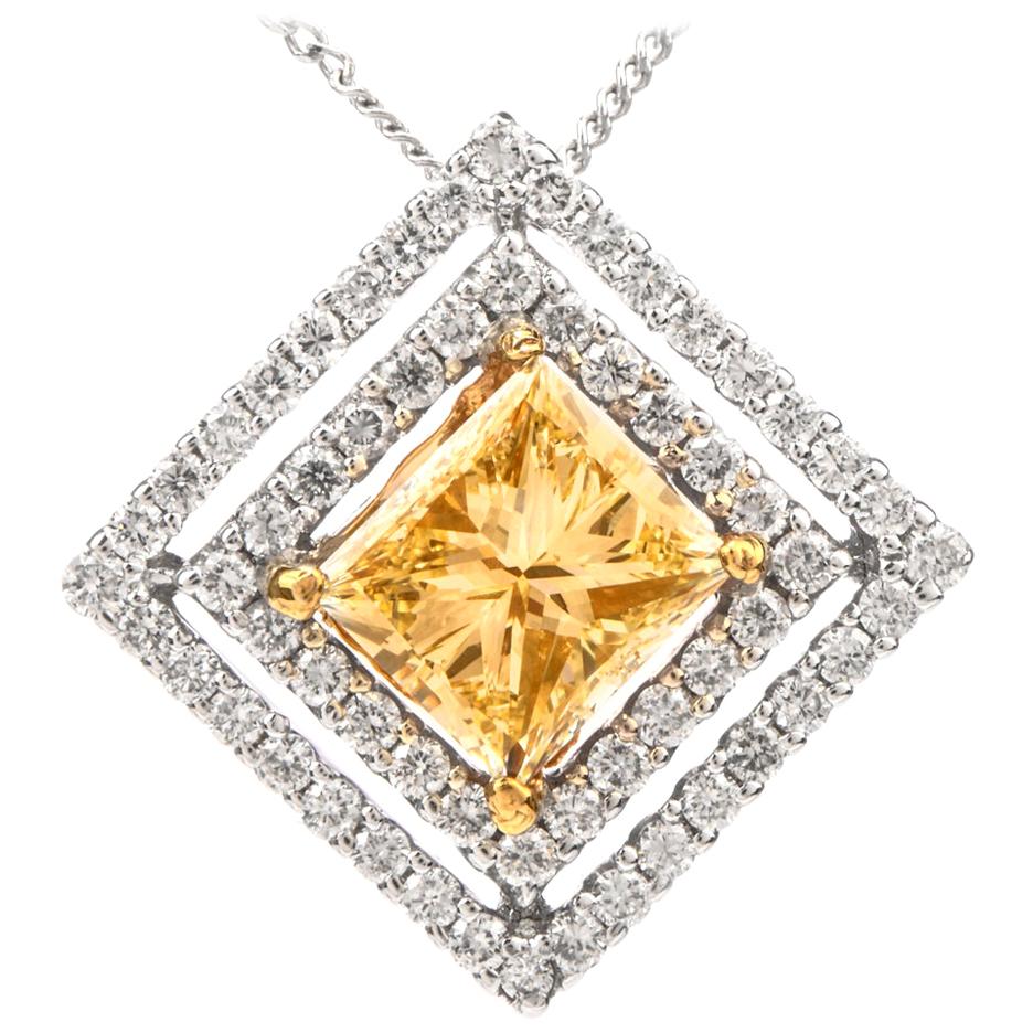 Estate Natural Princess Yellow 1.96 Carat Diamond 18 Karat Gold Square Pendant