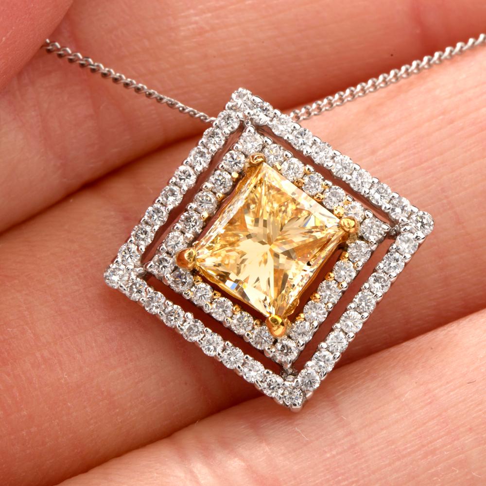 Metal Type: Solid 18K White Gold with Yellow Gold Accents

Total Item Weight approx: 3.3 Grams 

Pendant Measures approx: 13 mm x 13 mm

 Genuine Natural Yellow Princess cut Diamond,  approx: 1.44cttw,  Natural Yellow, VS2-SI1 Clarity

Setting: