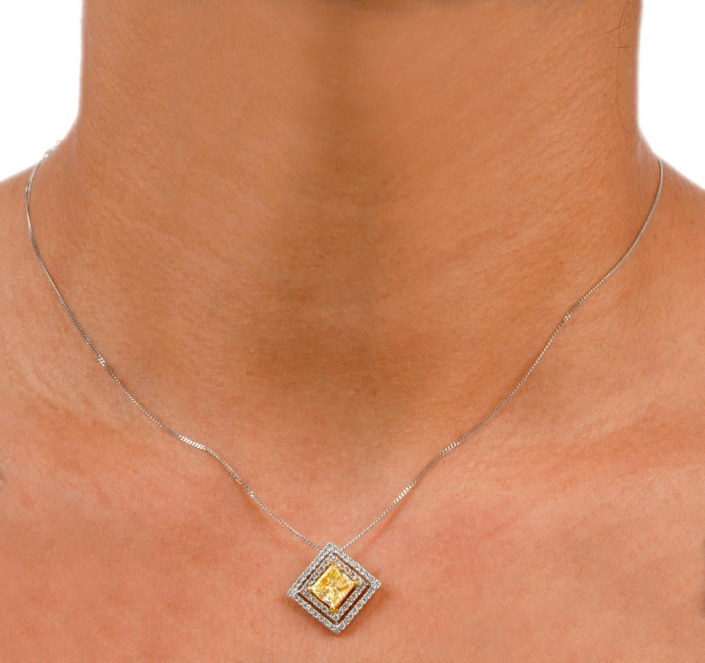 Art Deco Estate Natural Princess Yellow 1.96 Carat Diamond 18 Karat Gold Square Pendant