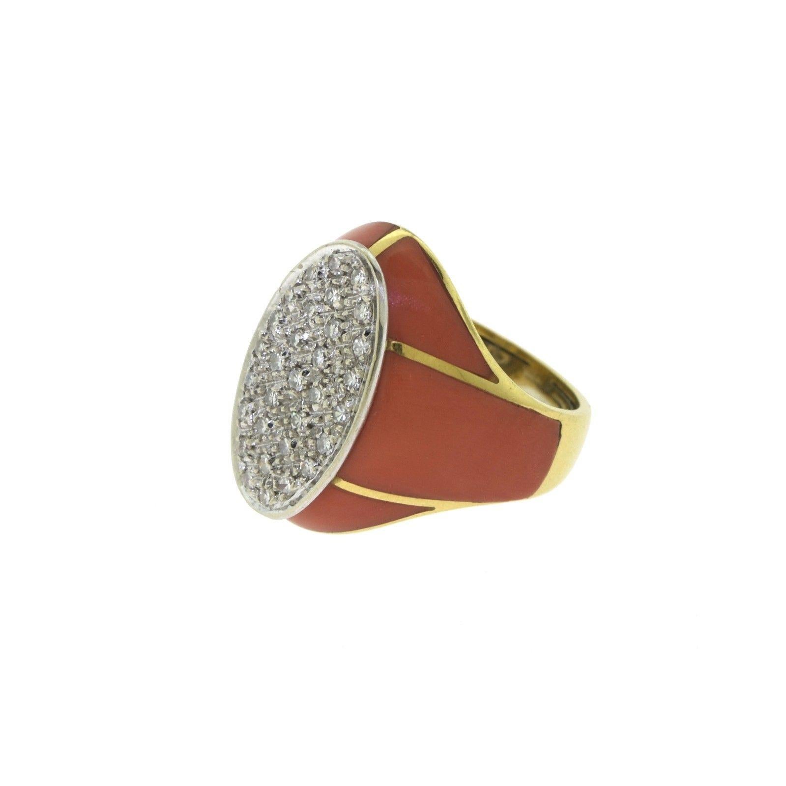 Women's or Men's Estate Natural Red Coral and Diamond Yellow Gold Oval Cocktail Ring For Sale