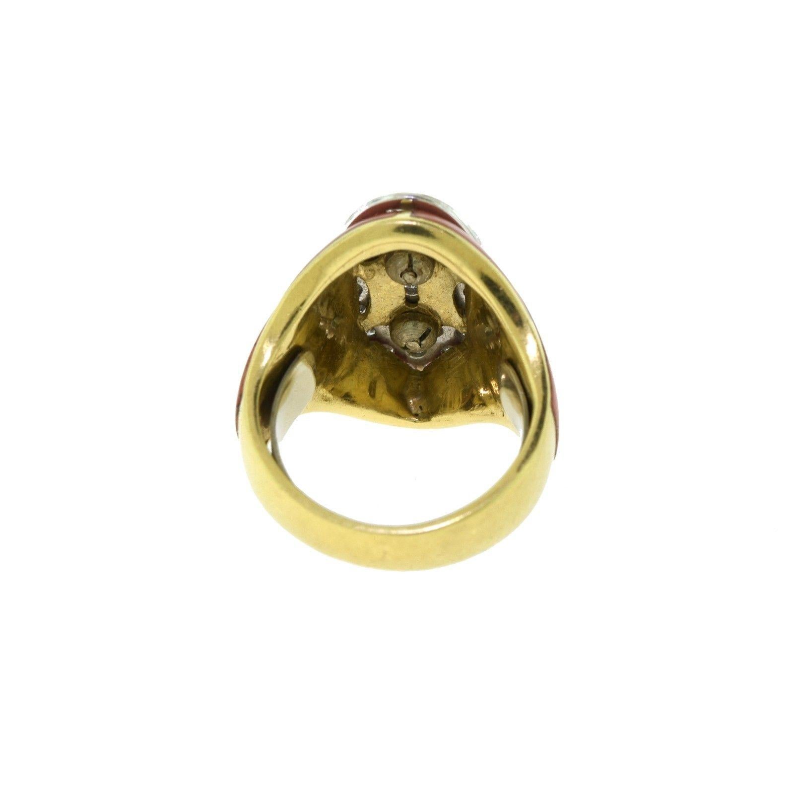 Estate Natural Red Coral and Diamond Yellow Gold Oval Cocktail Ring For Sale 1