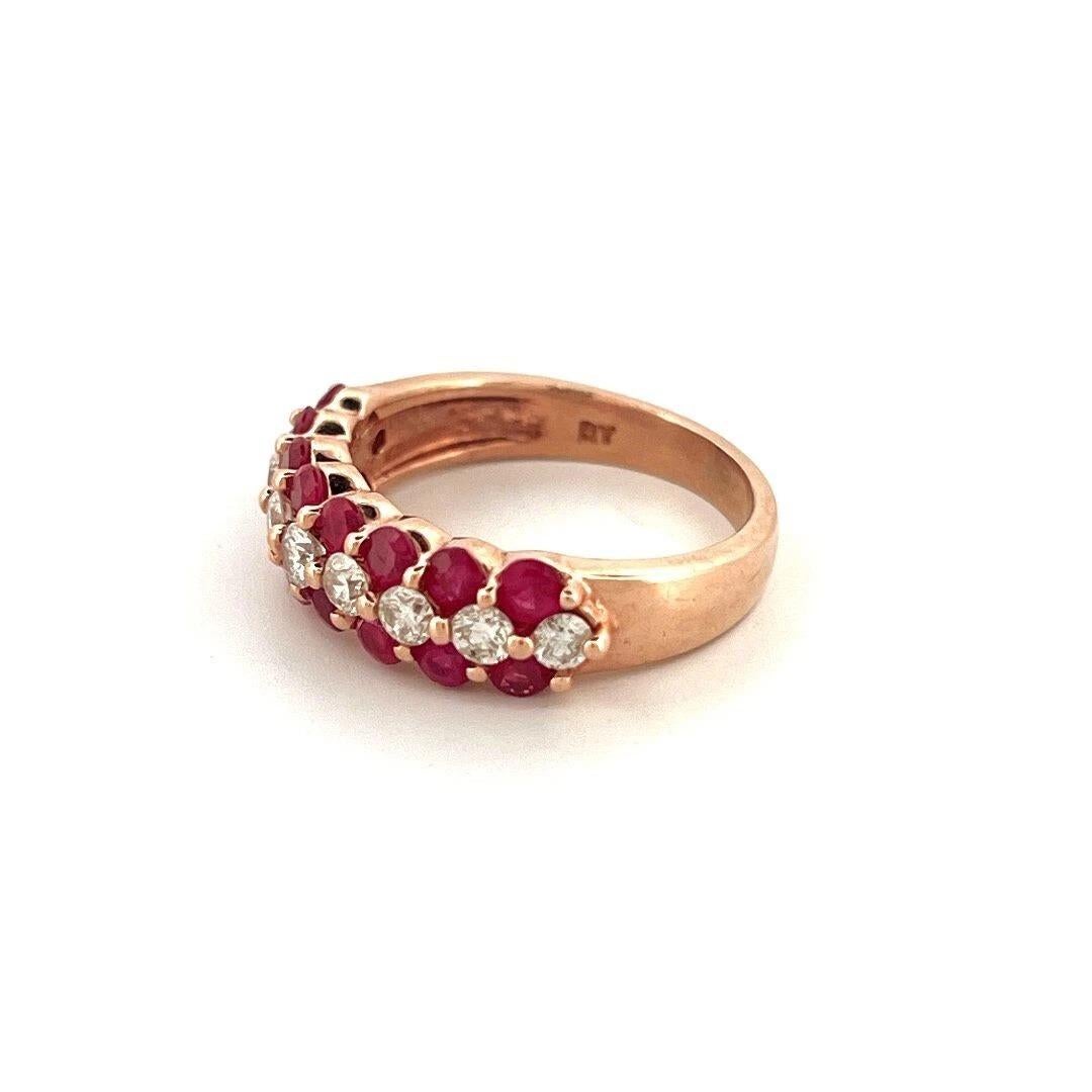 Round Cut Estate Natural Round Ruby & Diamond 14K Rose Gold Three Row Band Ring Size 6.25 For Sale