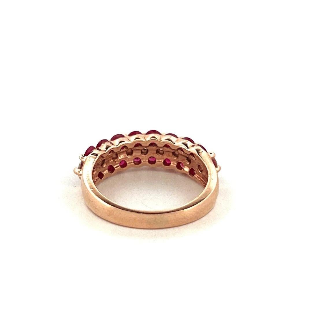 Estate Natural Round Ruby & Diamond 14K Rose Gold Three Row Band Ring Size 6.25 In Excellent Condition For Sale In Carmel By The Sea, CA