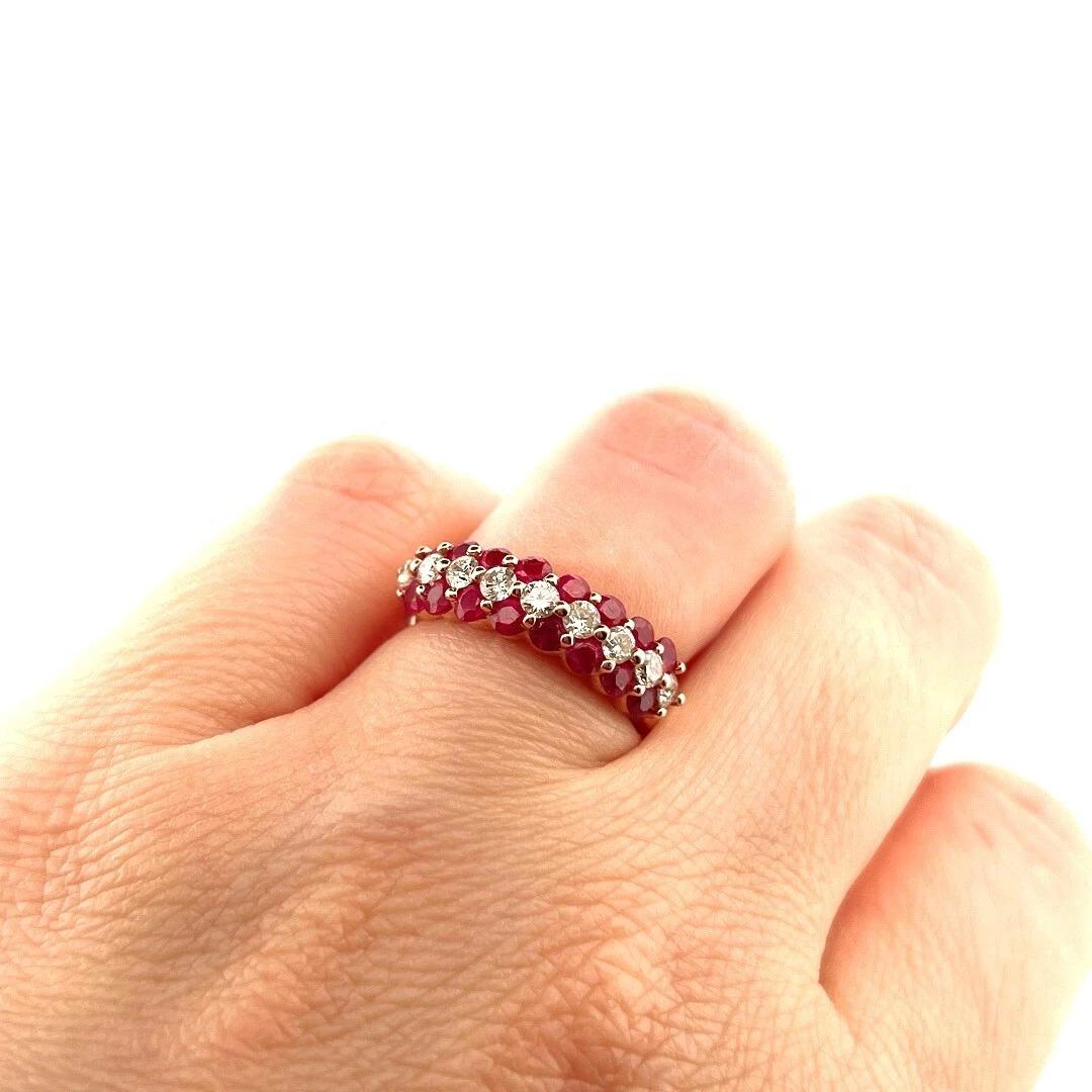Estate Natural Round Ruby & Diamond 14K Rose Gold Three Row Band Ring Size 6.25 For Sale 1