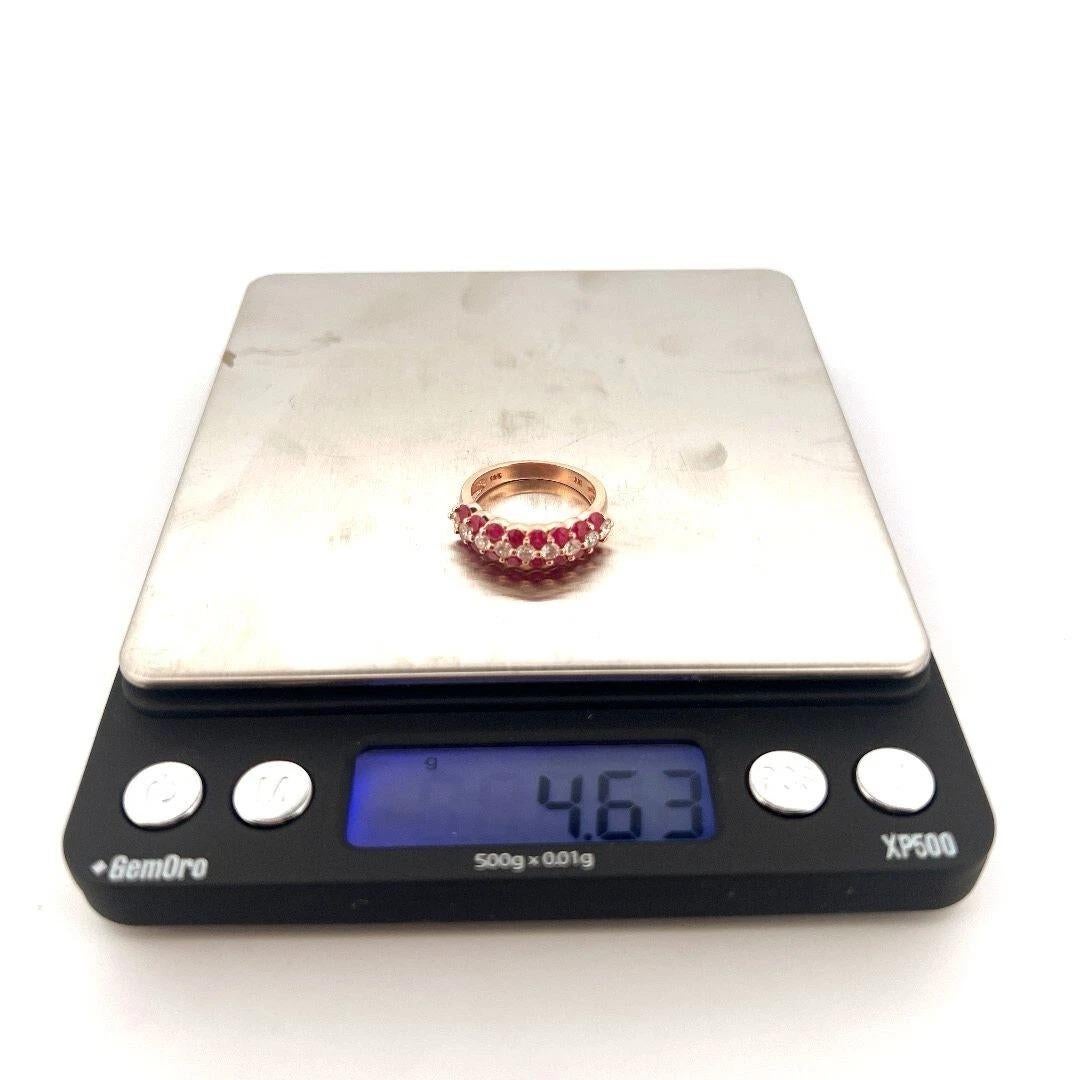 Estate Natural Round Ruby & Diamond 14K Rose Gold Three Row Band Ring Size 6.25 For Sale 2