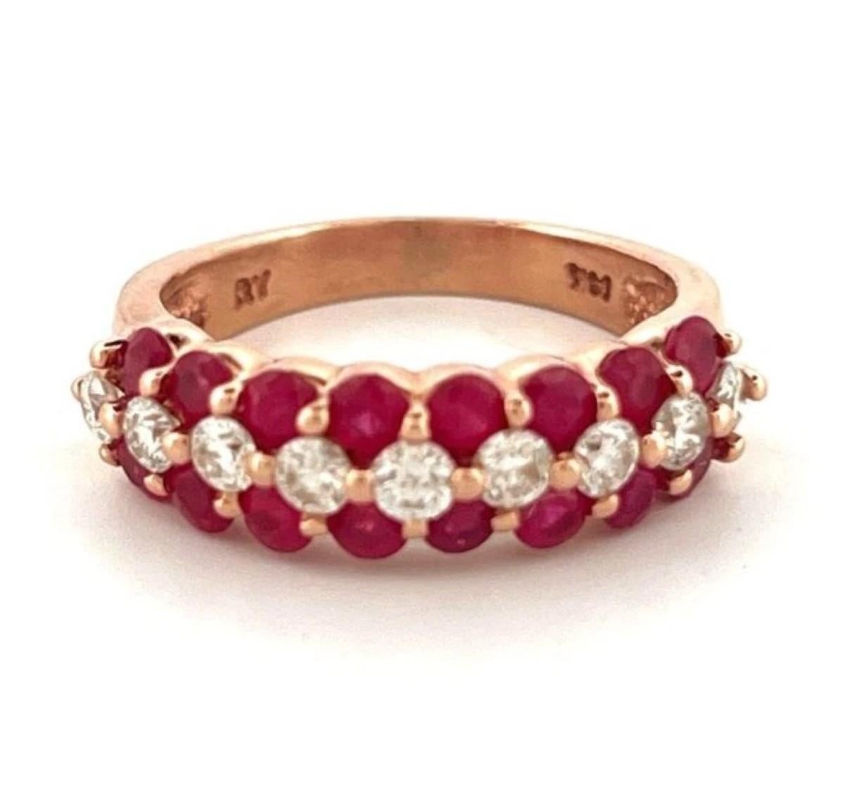 Estate Natural Round Ruby & Diamond 14K Rose Gold Three Row Band Ring Size 6.25