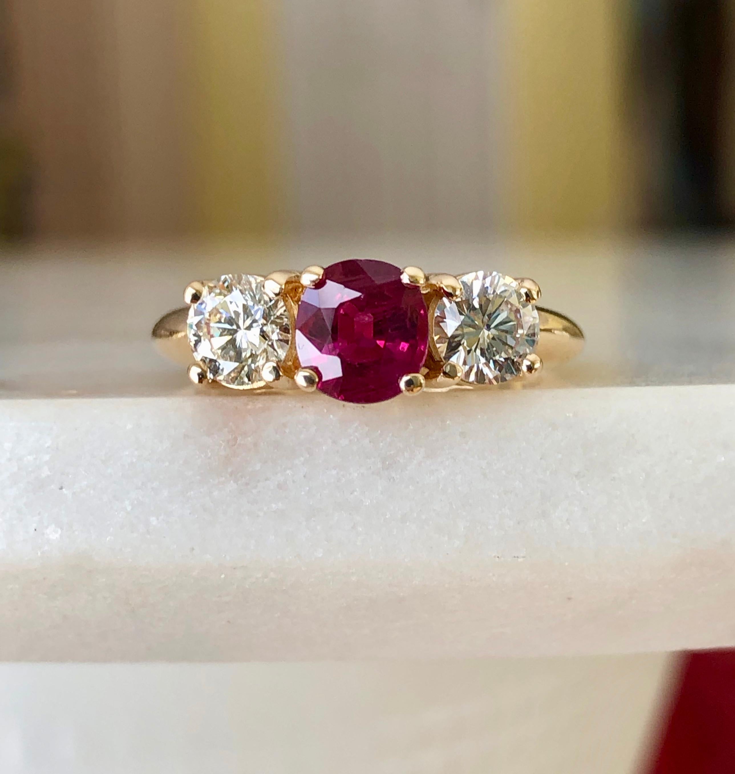 Estate Natural Ruby Diamond Trilogy Engagement Ring Gold 2