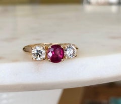 Estate Natural Ruby Diamond Trilogy Engagement Ring Gold