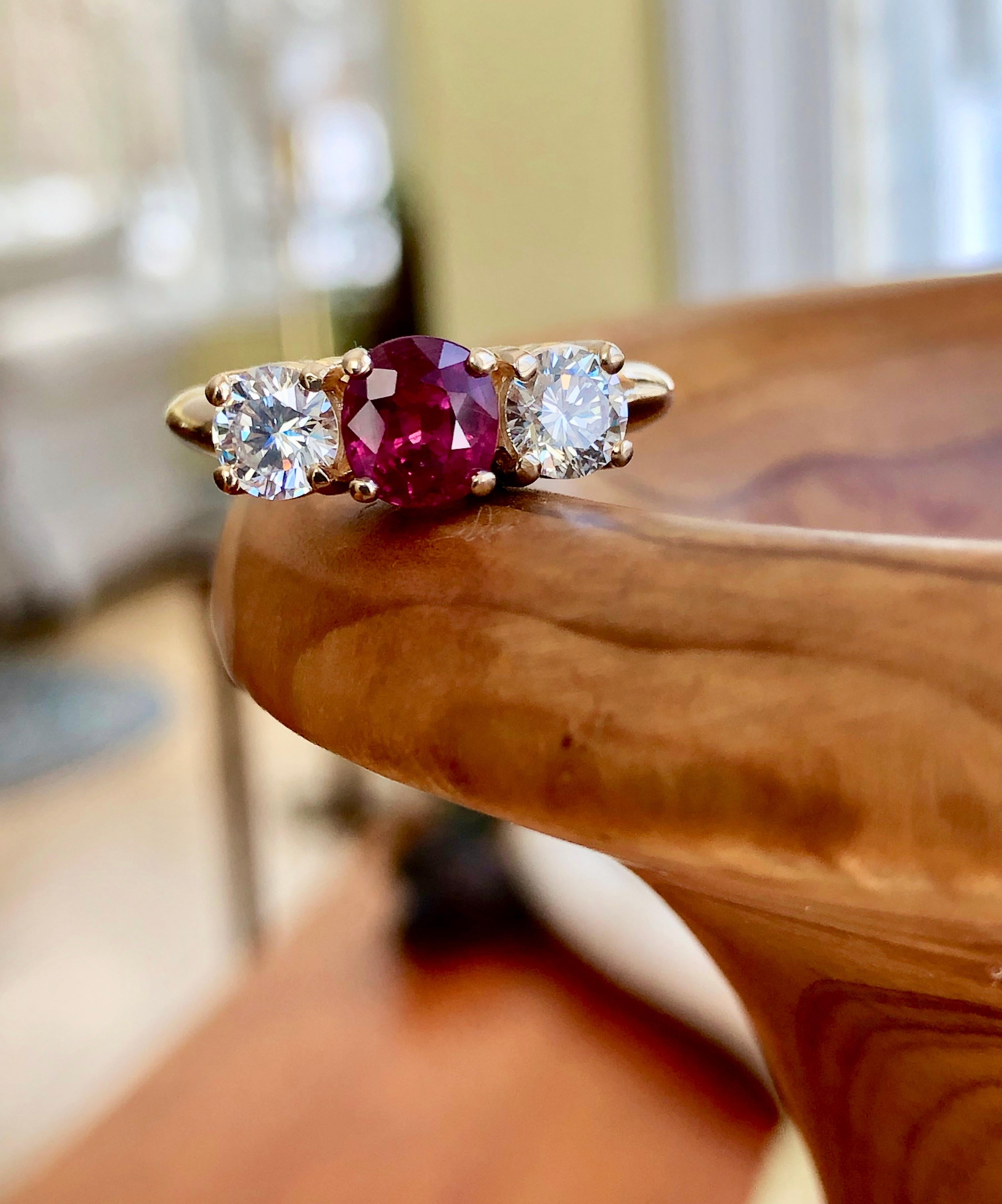 Edwardian Estate Natural Ruby Diamond Trilogy Engagement Ring Gold