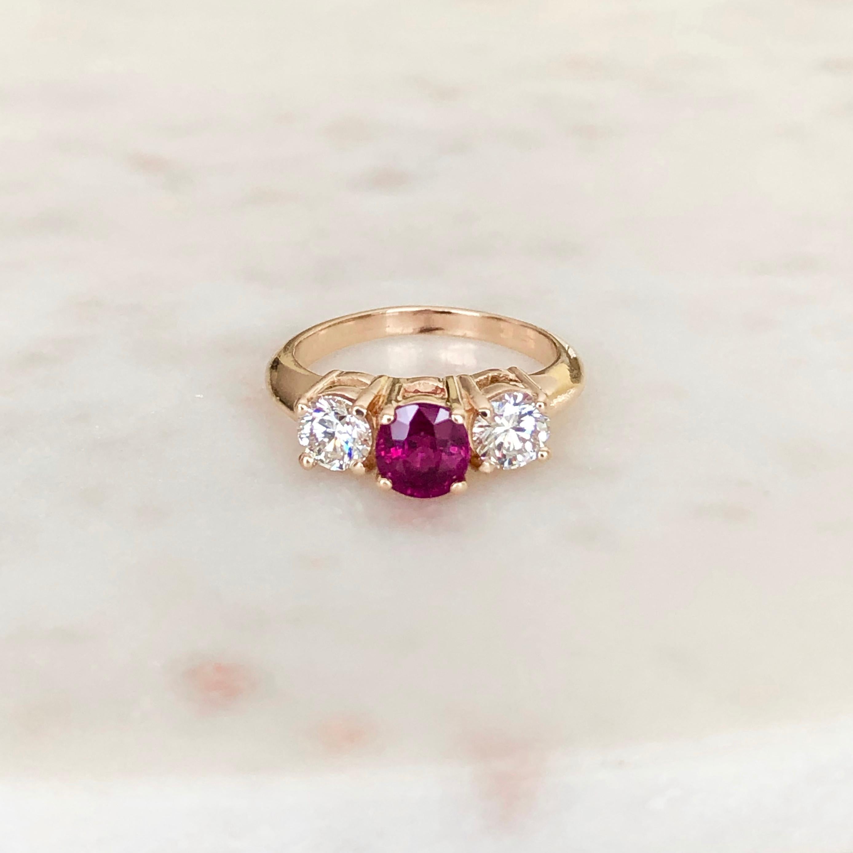 Round Cut Estate Natural Ruby Diamond Trilogy Engagement Ring Gold