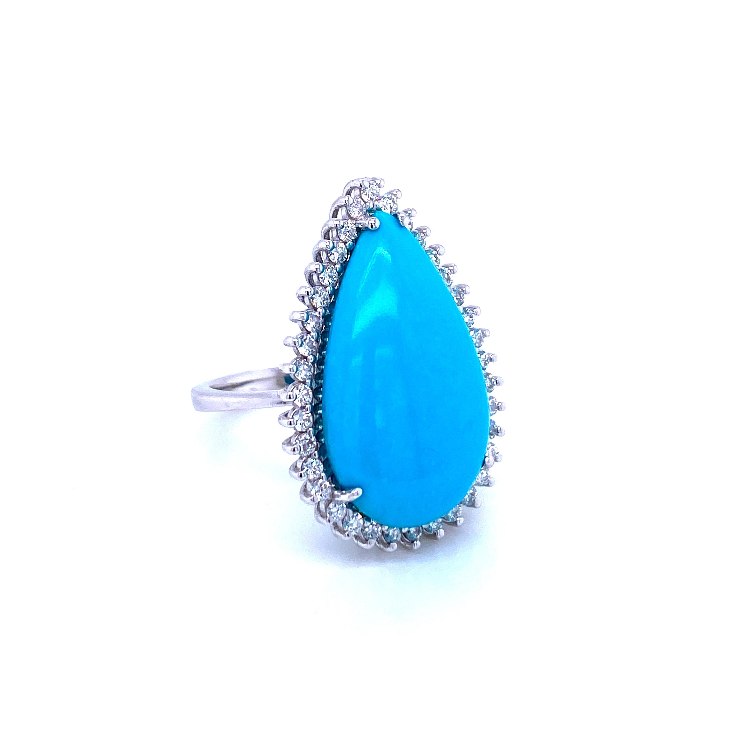 Beautiful cocktail summer ring set with a Great quality and large dimensions rare Natural Turquoise of 3,50 grams and a selection of brilliant cut Diamonds of fine quality, total weight 0,65 Ct rated G/H VVS, tested and guaranteed
Made of solid 18k