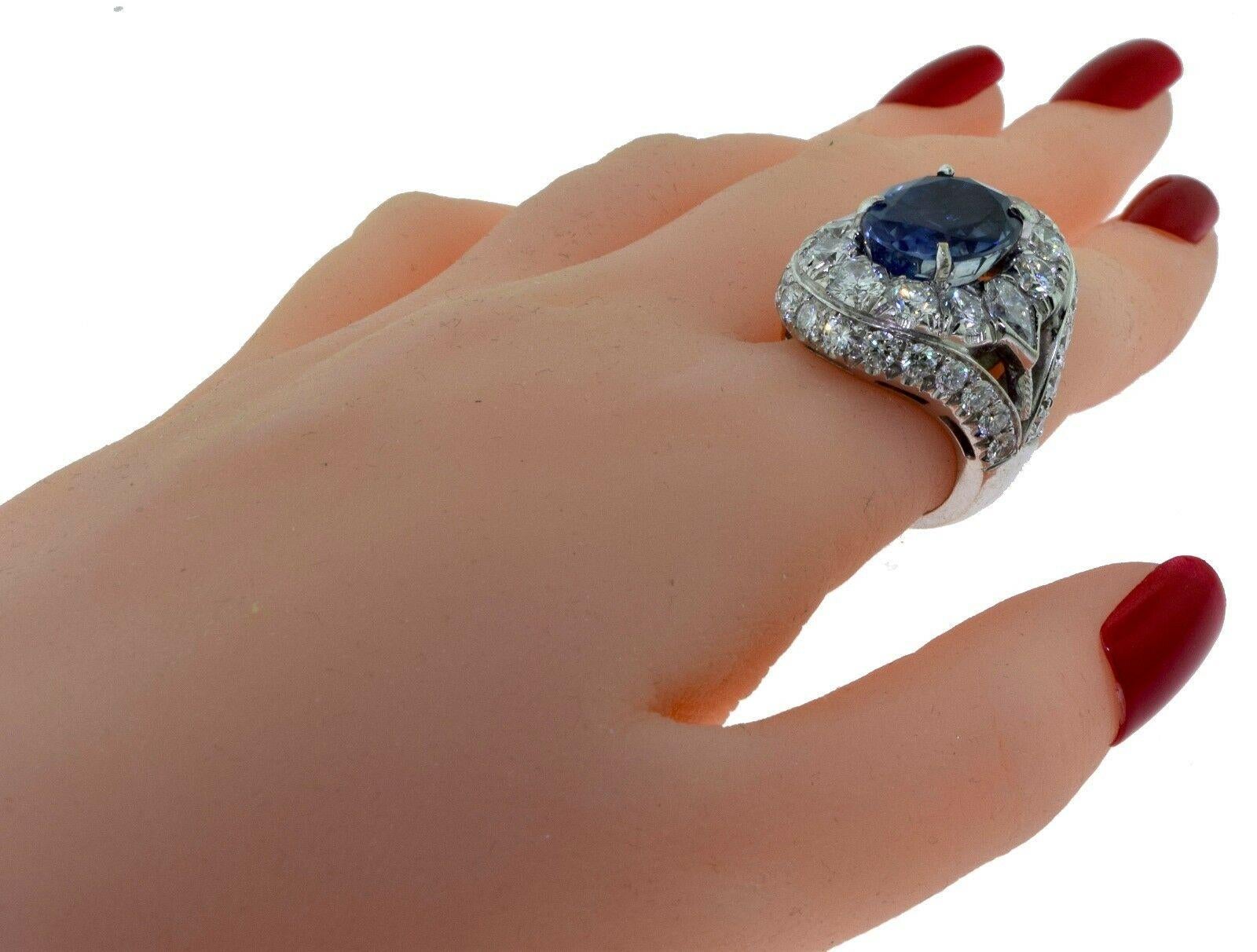 Cabochon Estate Natural Unheated Ceylon Sapphire Large Diamond Ring in White Gold, AGL For Sale