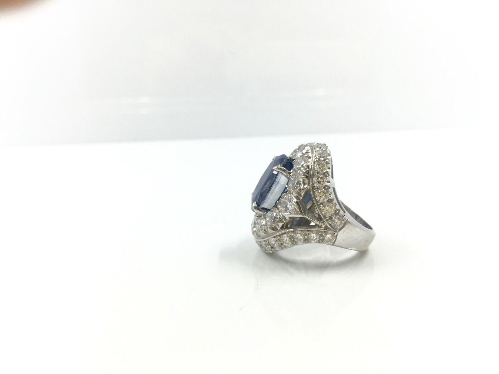 Estate Natural Unheated Ceylon Sapphire Large Diamond Ring in White Gold, AGL For Sale 1