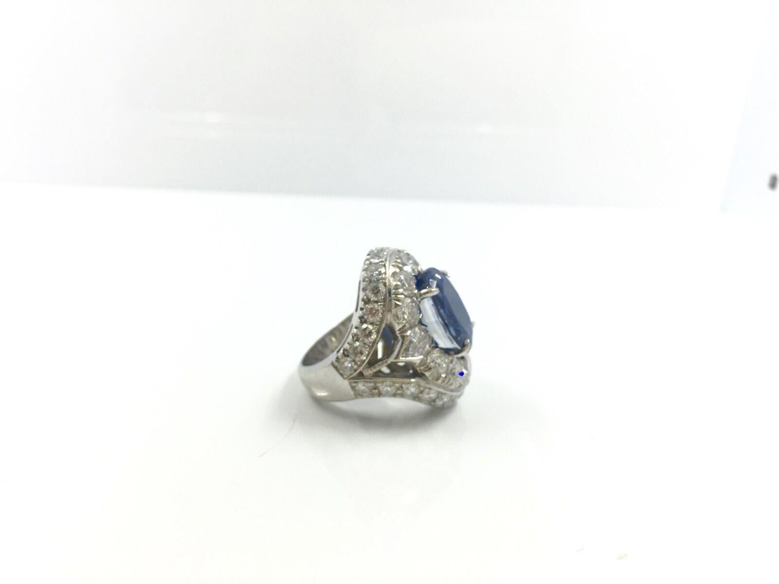 Estate Natural Unheated Ceylon Sapphire Large Diamond Ring in White Gold, AGL For Sale 2