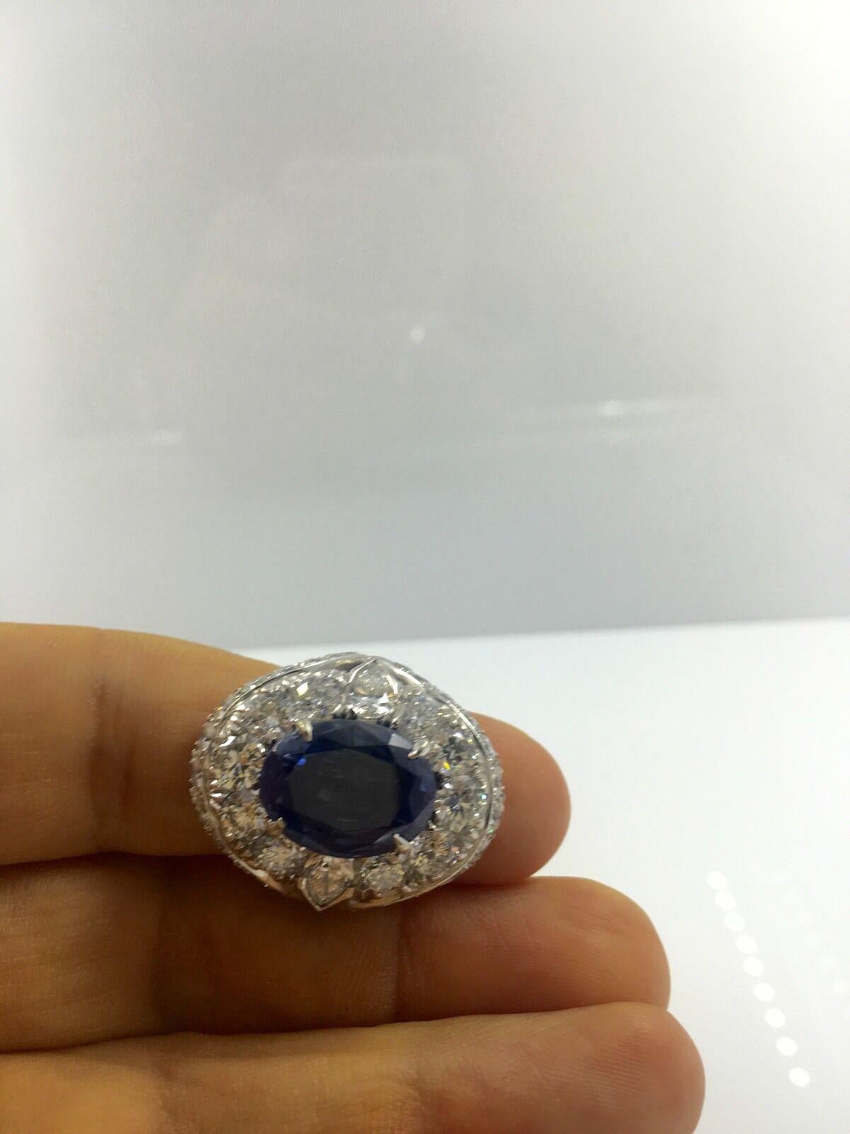 Estate Natural Unheated Ceylon Sapphire Large Diamond Ring in White Gold, AGL For Sale 3