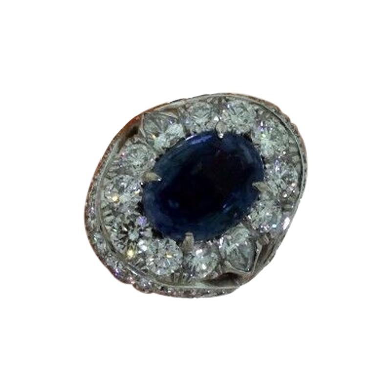 Estate Natural Unheated Ceylon Sapphire Large Diamond Ring in White Gold, AGL For Sale