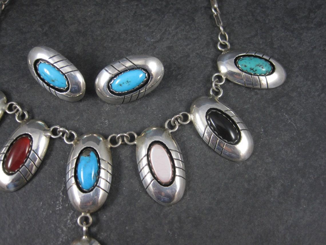 Estate Navajo Multi Stone Necklace and Earrings Native American Jewelry Set For Sale 3