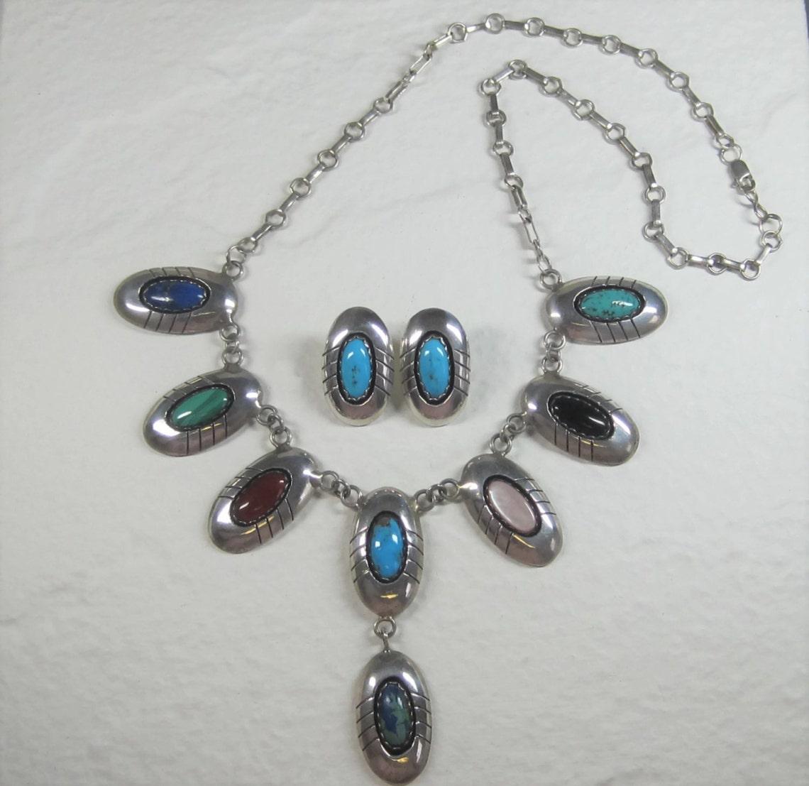 Nachlass Navajo Multi Stone Halskette und Ohrringe Native American Jewelry Set im Angebot 6