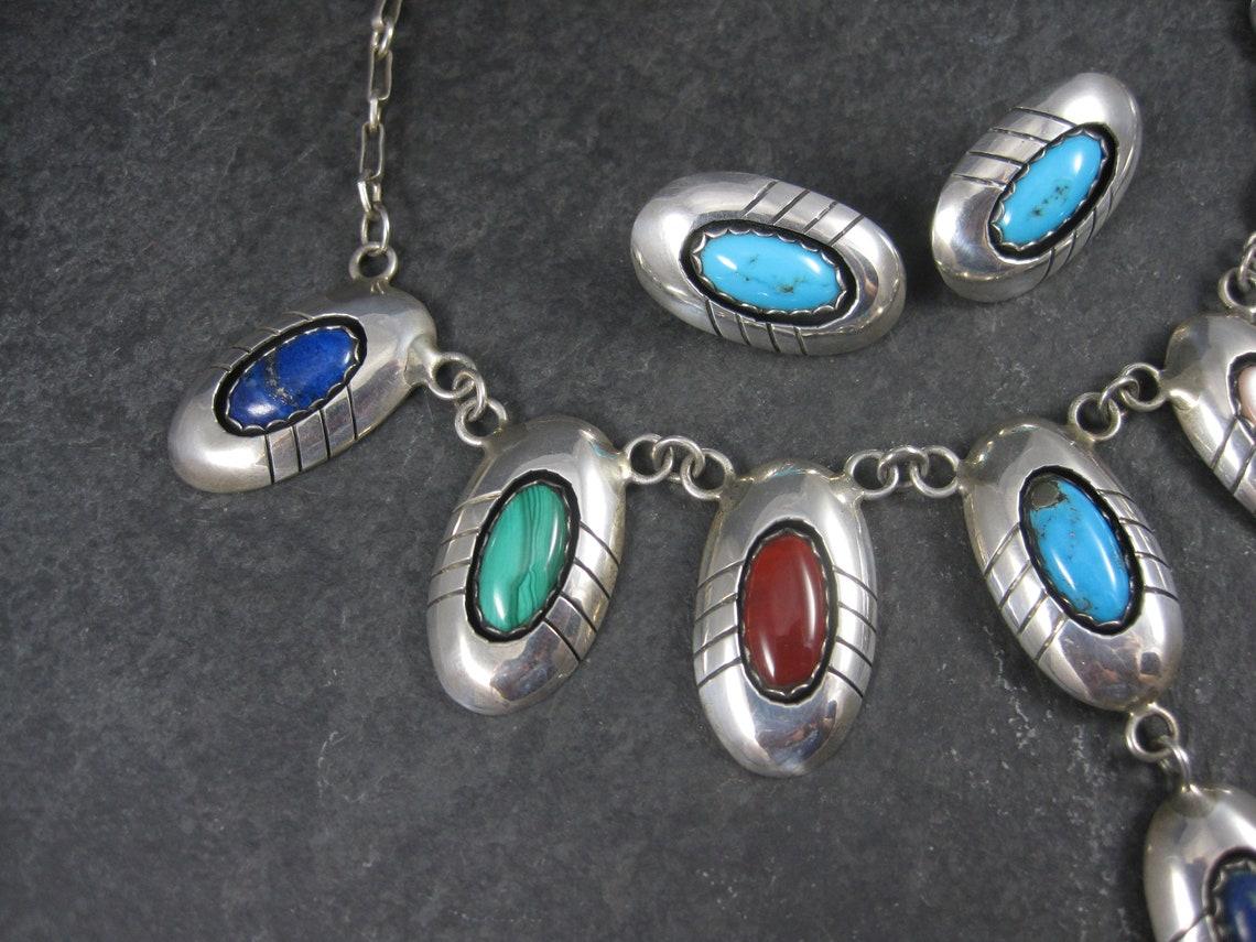Estate Navajo Multi Stone Necklace and Earrings Native American Jewelry Set In Excellent Condition For Sale In Webster, SD