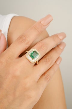 Estate Zimbabwe Emerald Engagement Ring with Diamonds in 14k Yellow Gold