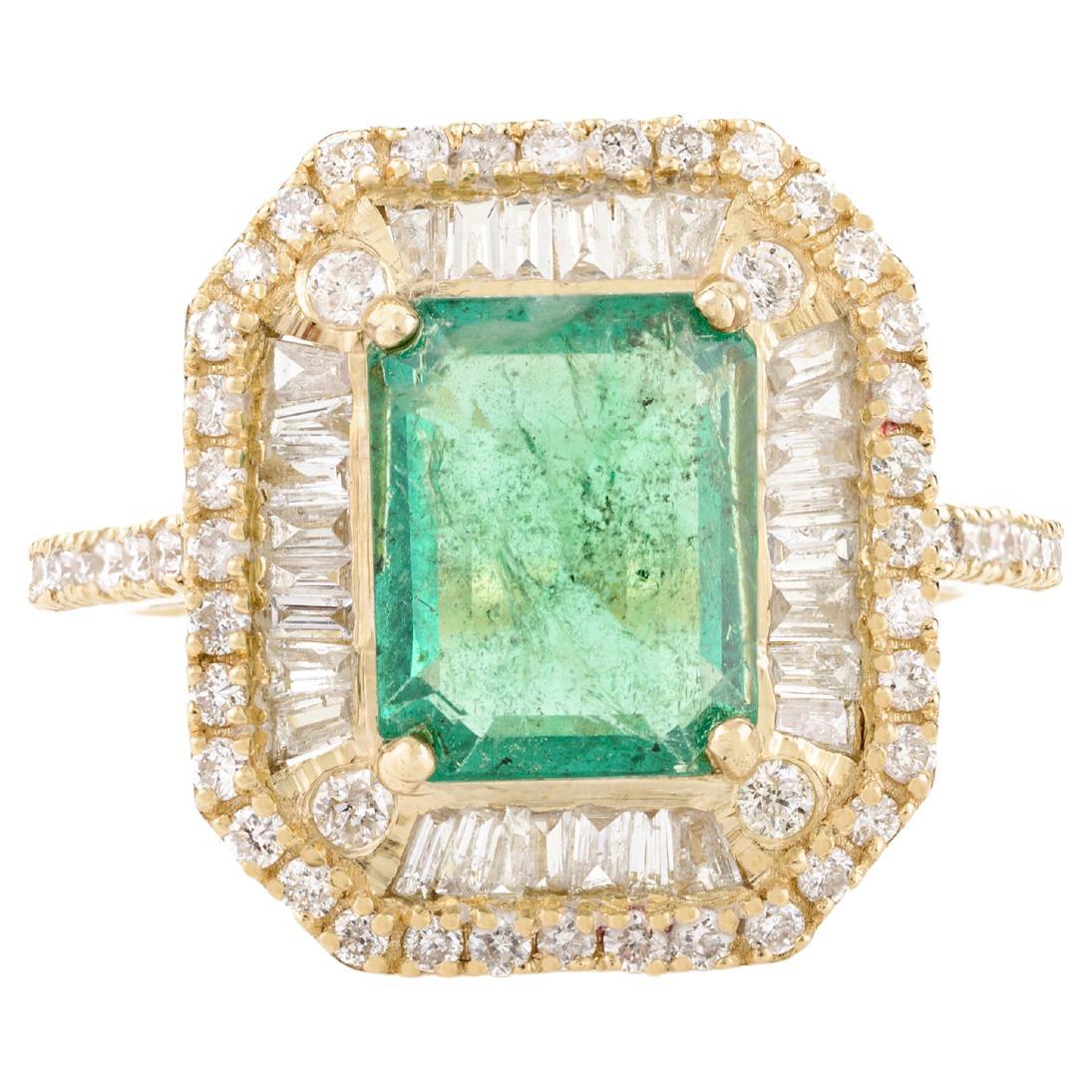 Estate Zimbabwe Emerald Engagement Ring with Diamonds in 14k Yellow Gold