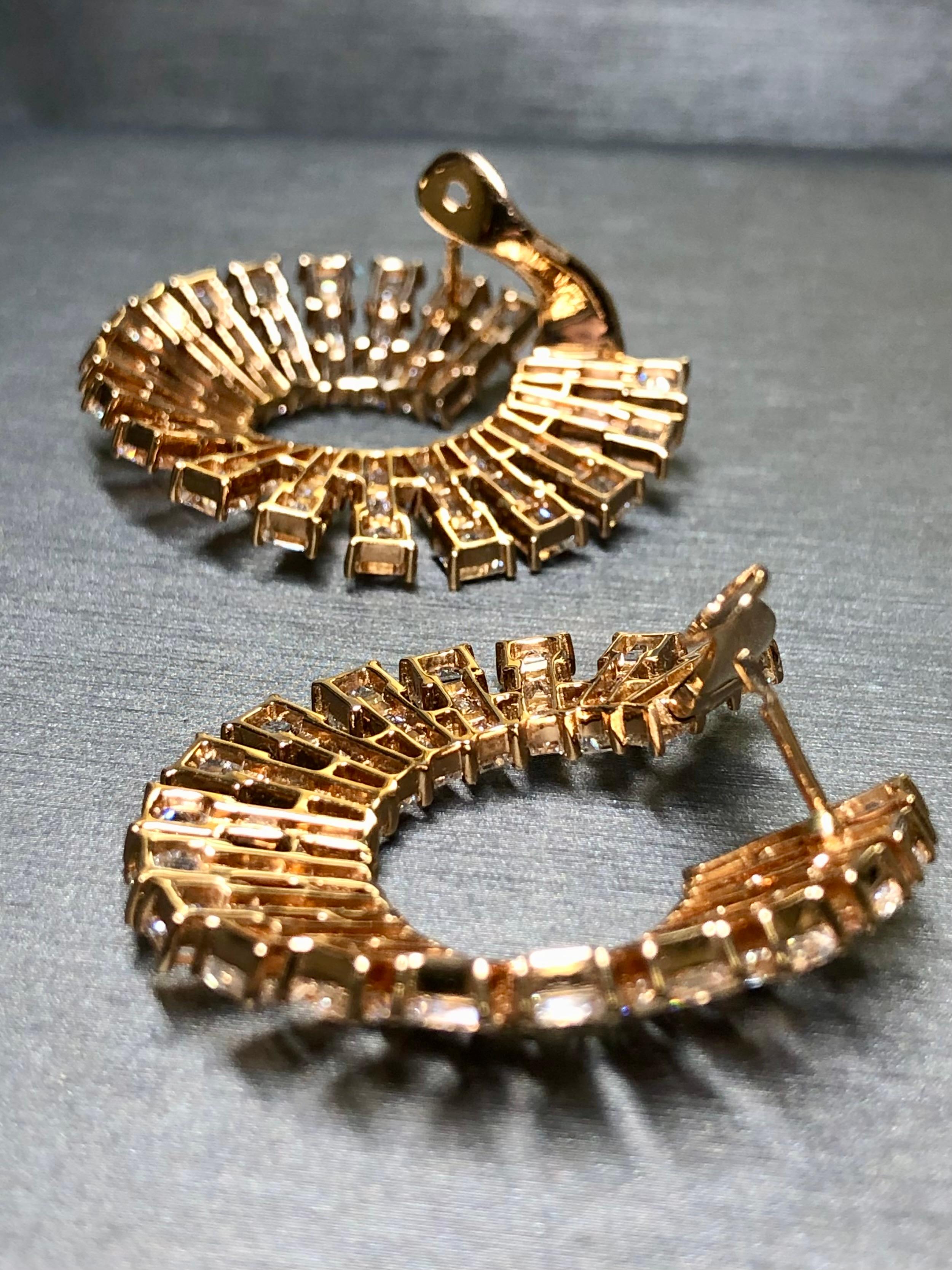 Estate ODELIA 18K Rose Gold Square Baguette Diamond Ear Wrap Hoop Earrings 20ctw For Sale 4