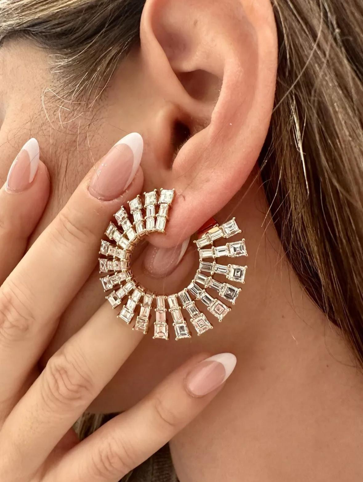 Estate ODELIA 18K Rose Gold Square Baguette Diamond Ear Wrap Hoop Earrings 20ctw For Sale 6
