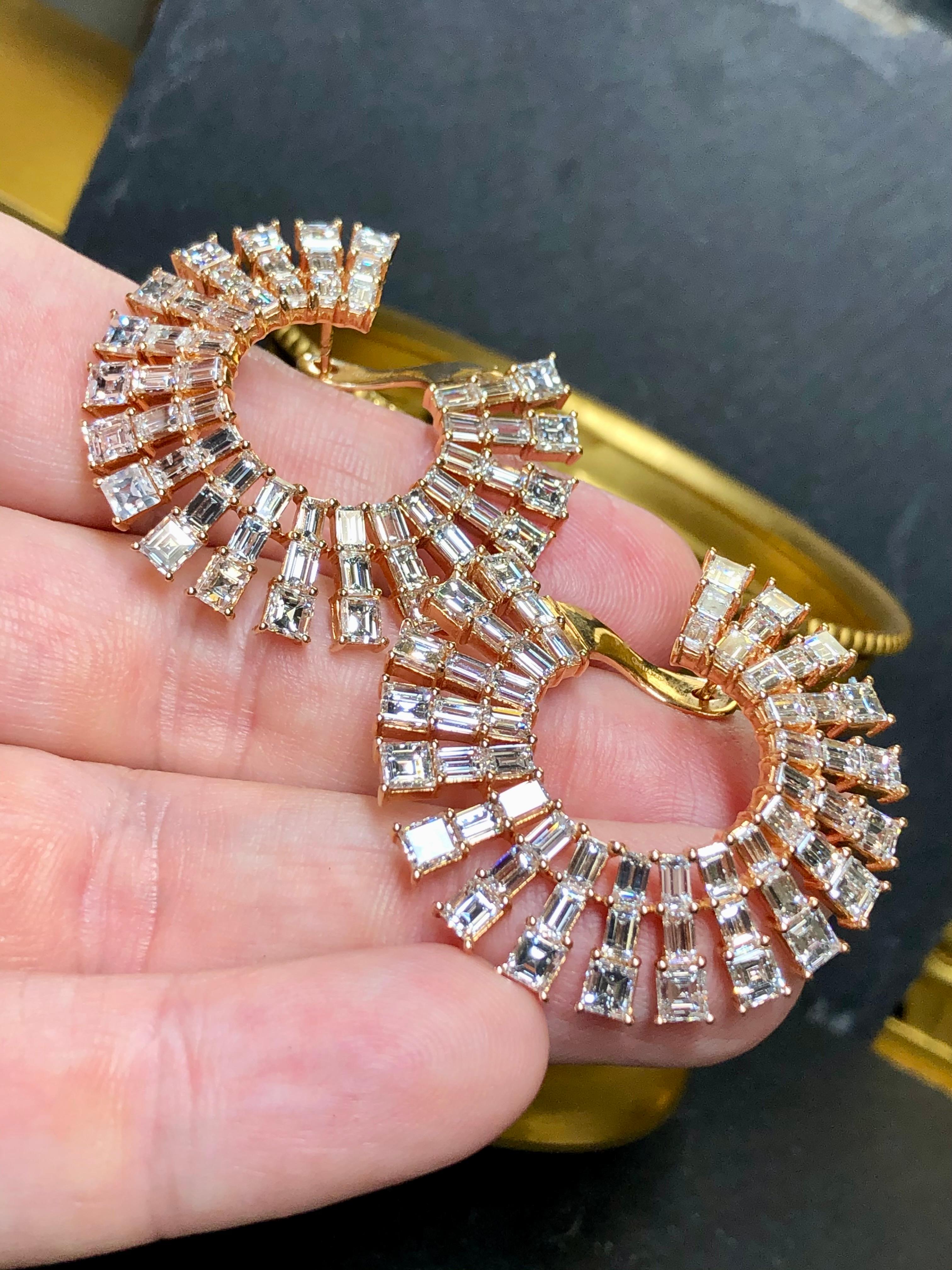 Estate ODELIA 18K Rose Gold Square Baguette Diamond Ear Wrap Hoop Earrings 20ctw For Sale 5